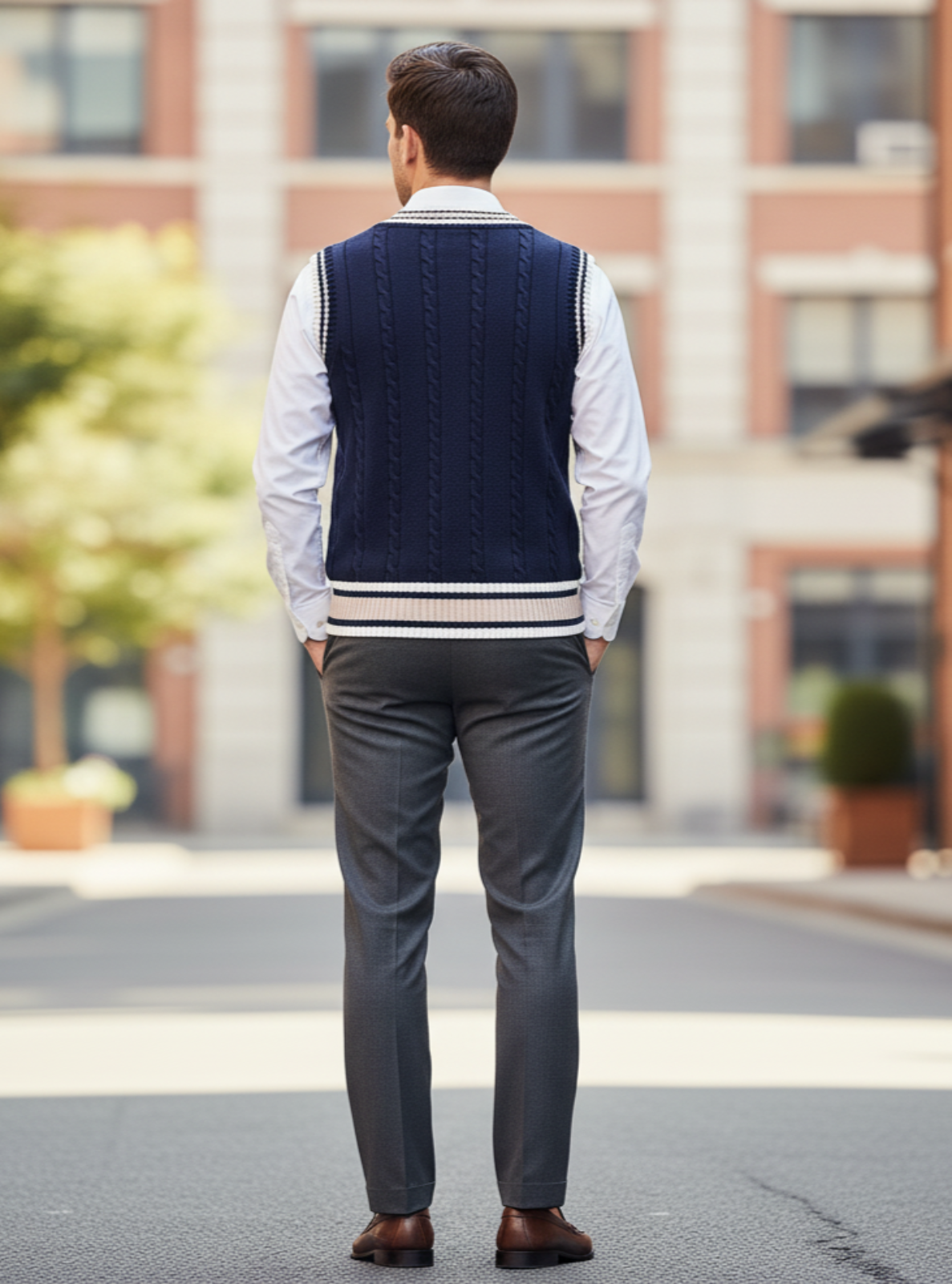Man wearing a blue vest over a white shirt and gray pants standing on a city street.