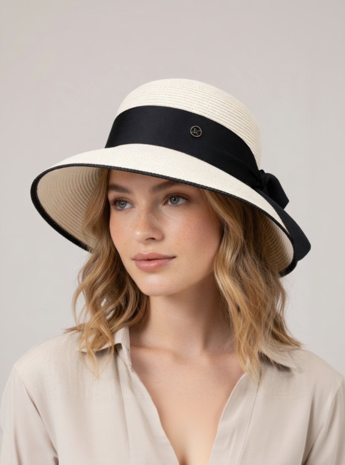 Woman wearing a white sun hat with a black band on a gray background