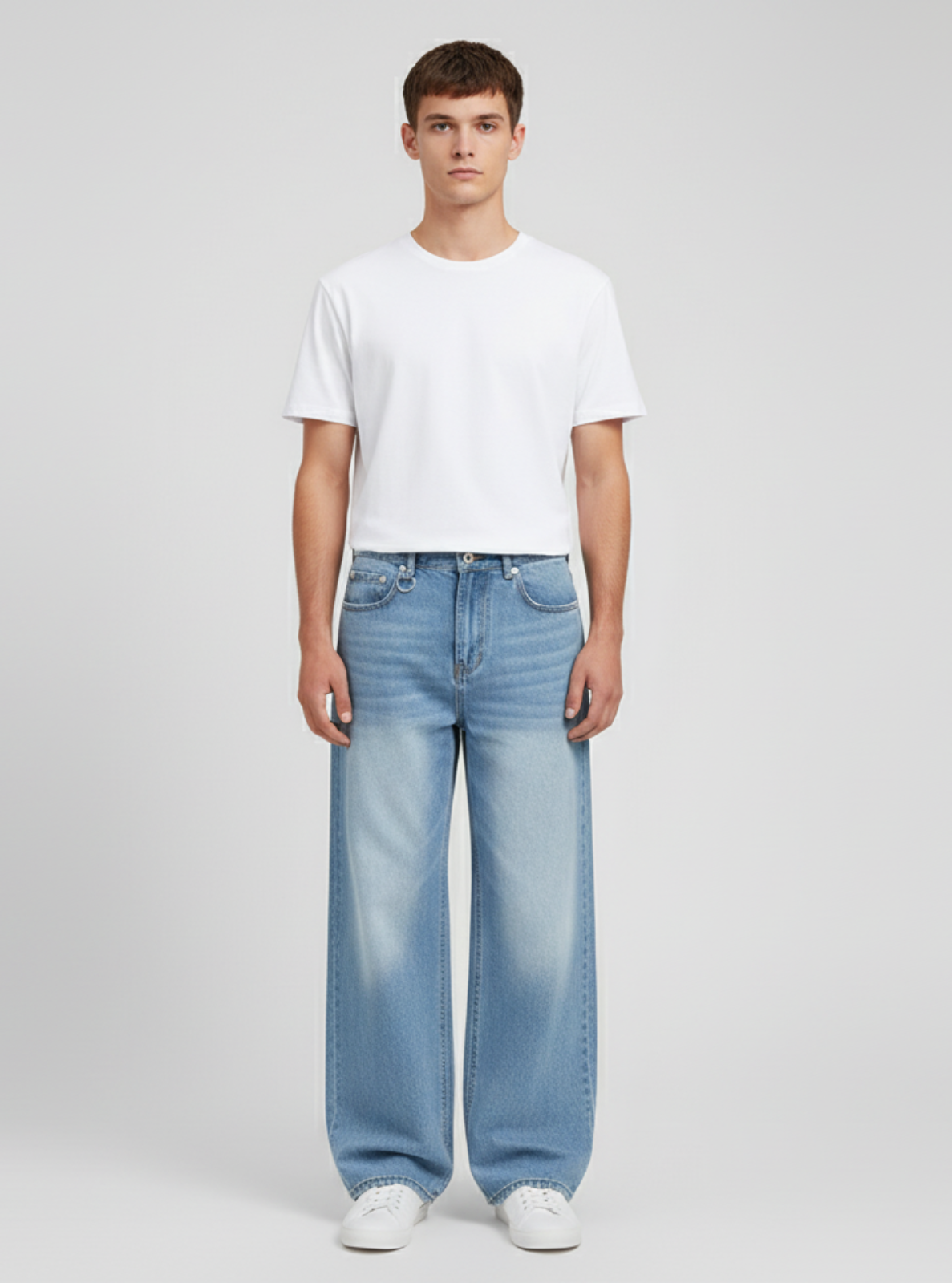 Person wearing a white t-shirt and light blue jeans on a plain background