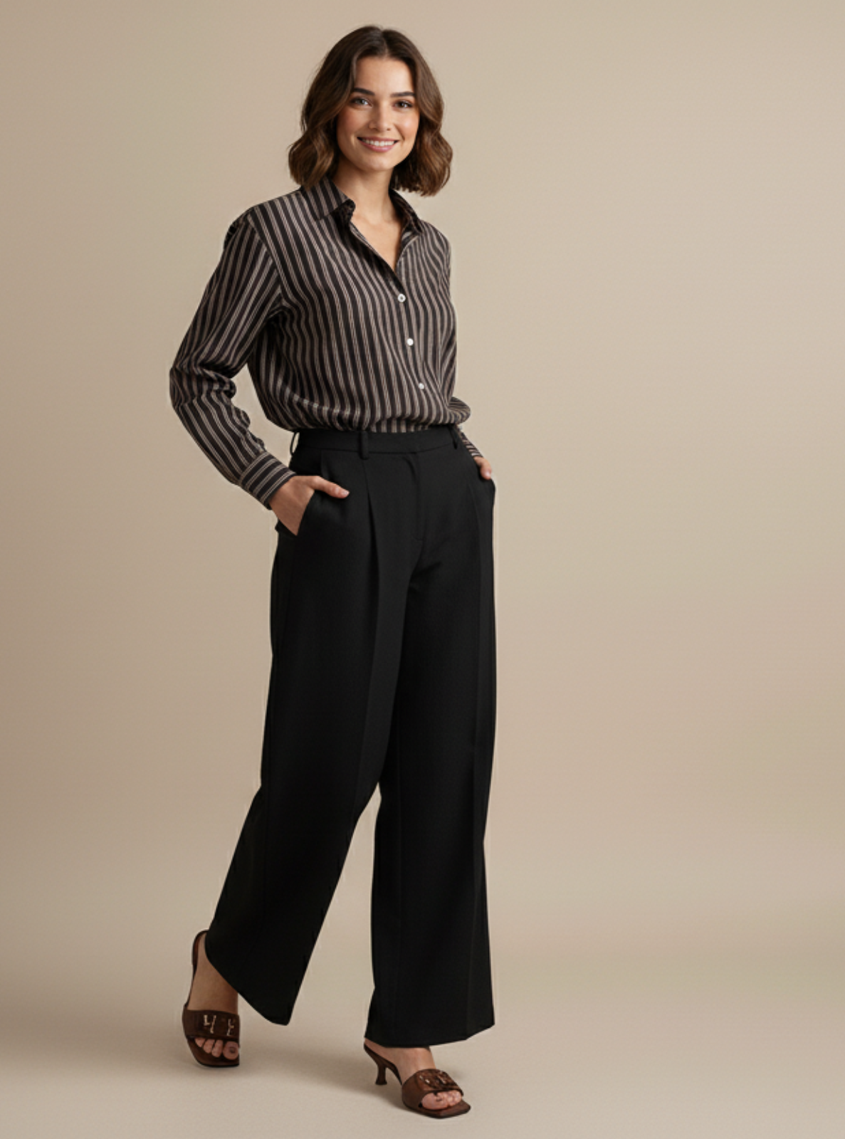 Woman wearing a striped shirt and black pants on a beige background