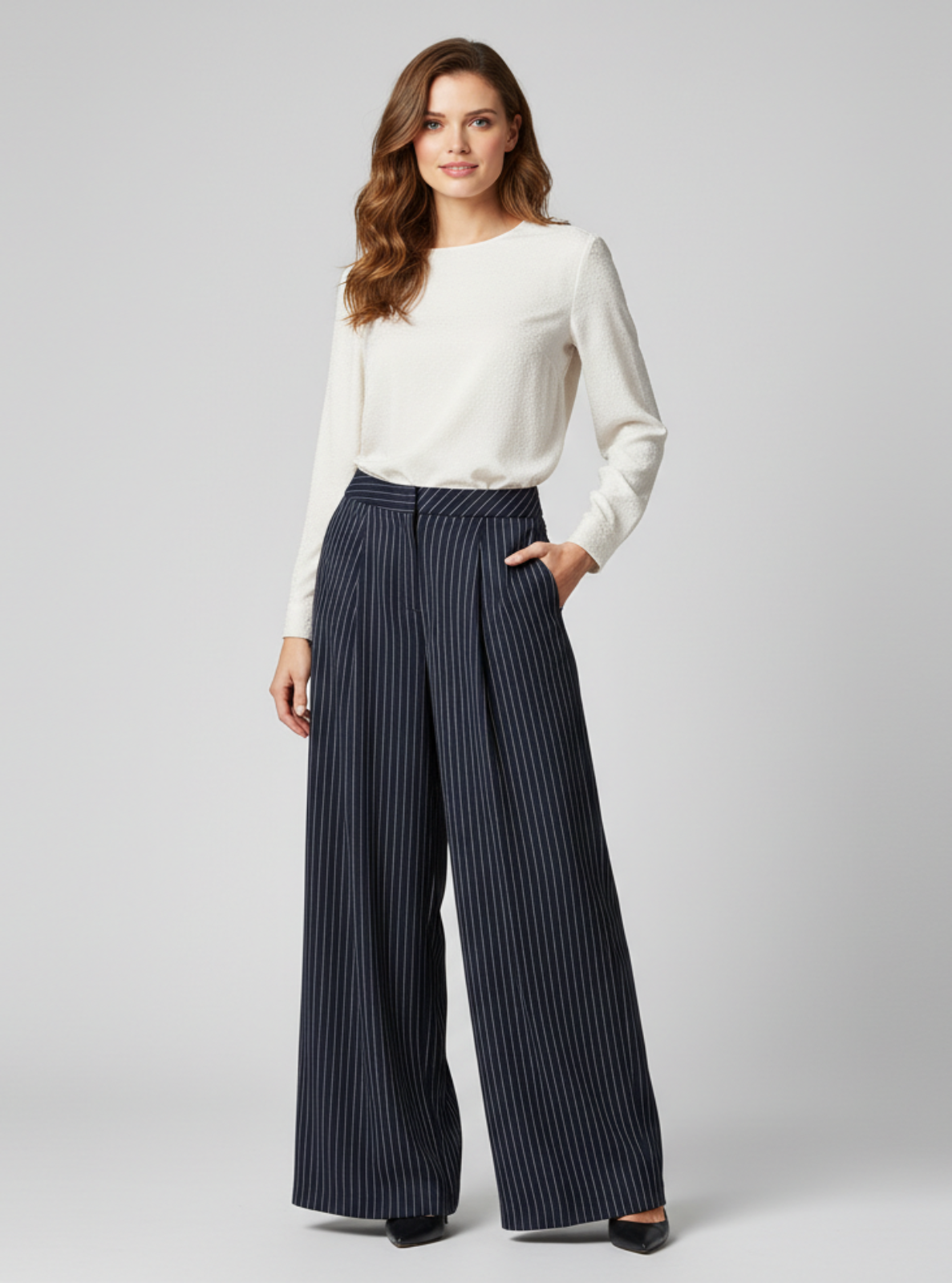 Woman wearing a white top and navy pinstripe pants on a gray background