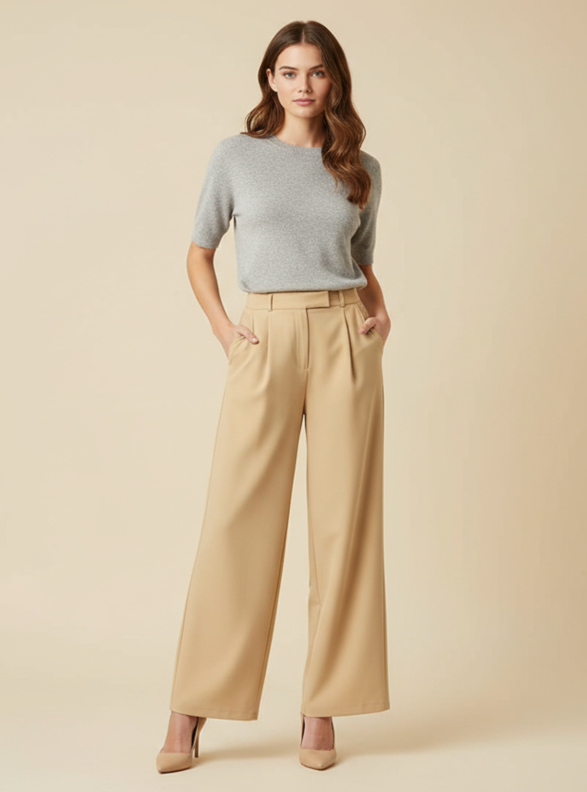 Woman wearing a gray sweater and beige pants on a beige background