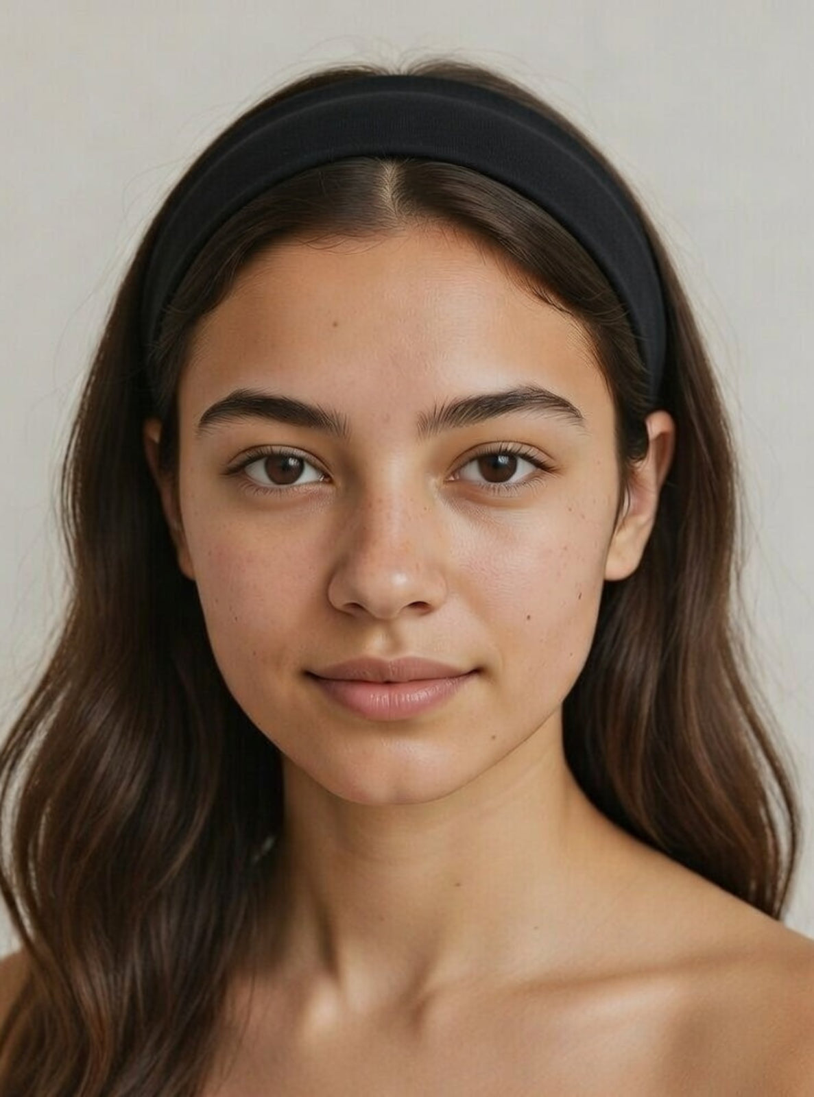 Woman with long brown hair wearing a black headband against a neutral background