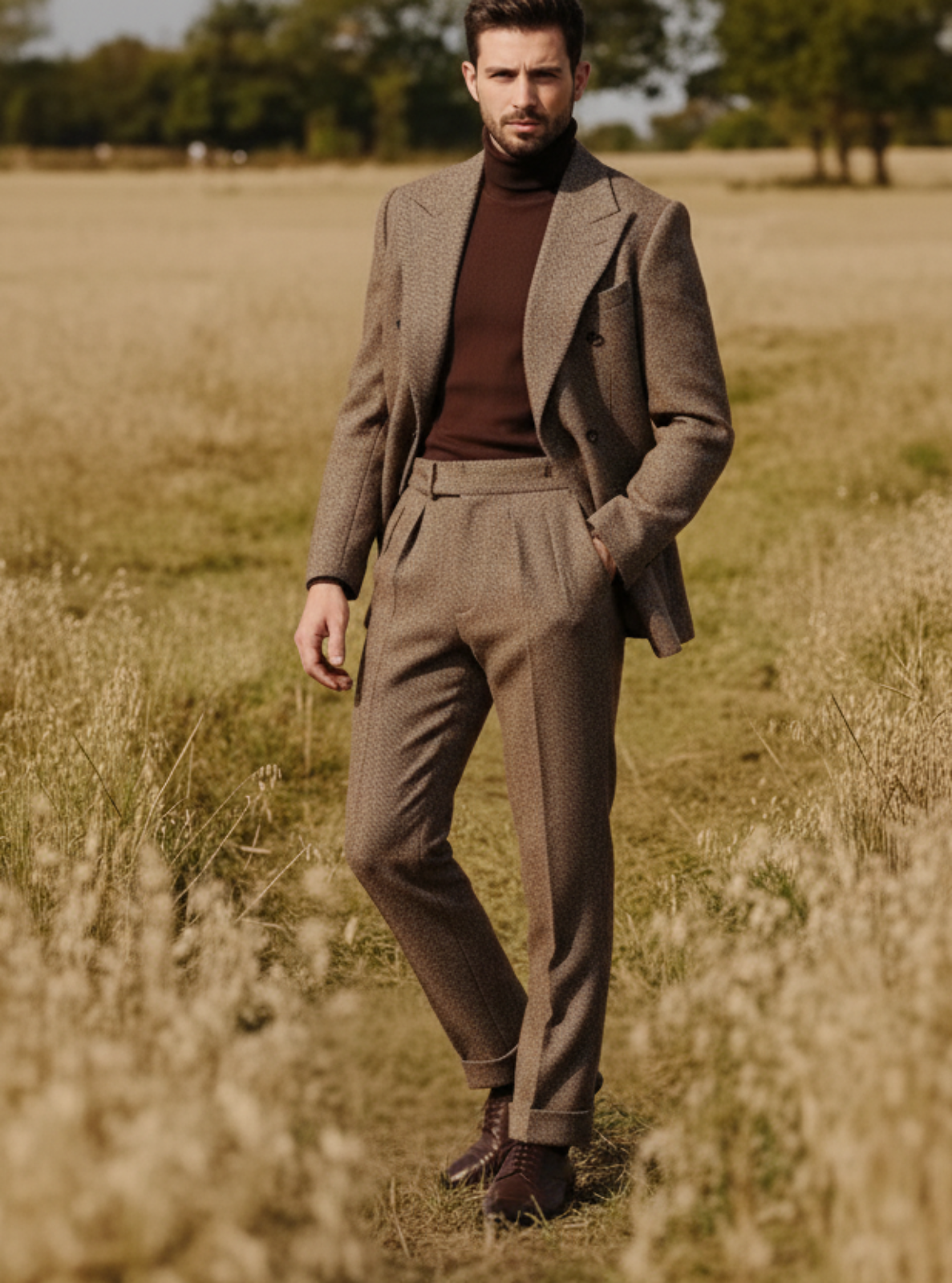 Man in a brown suit standing in a field