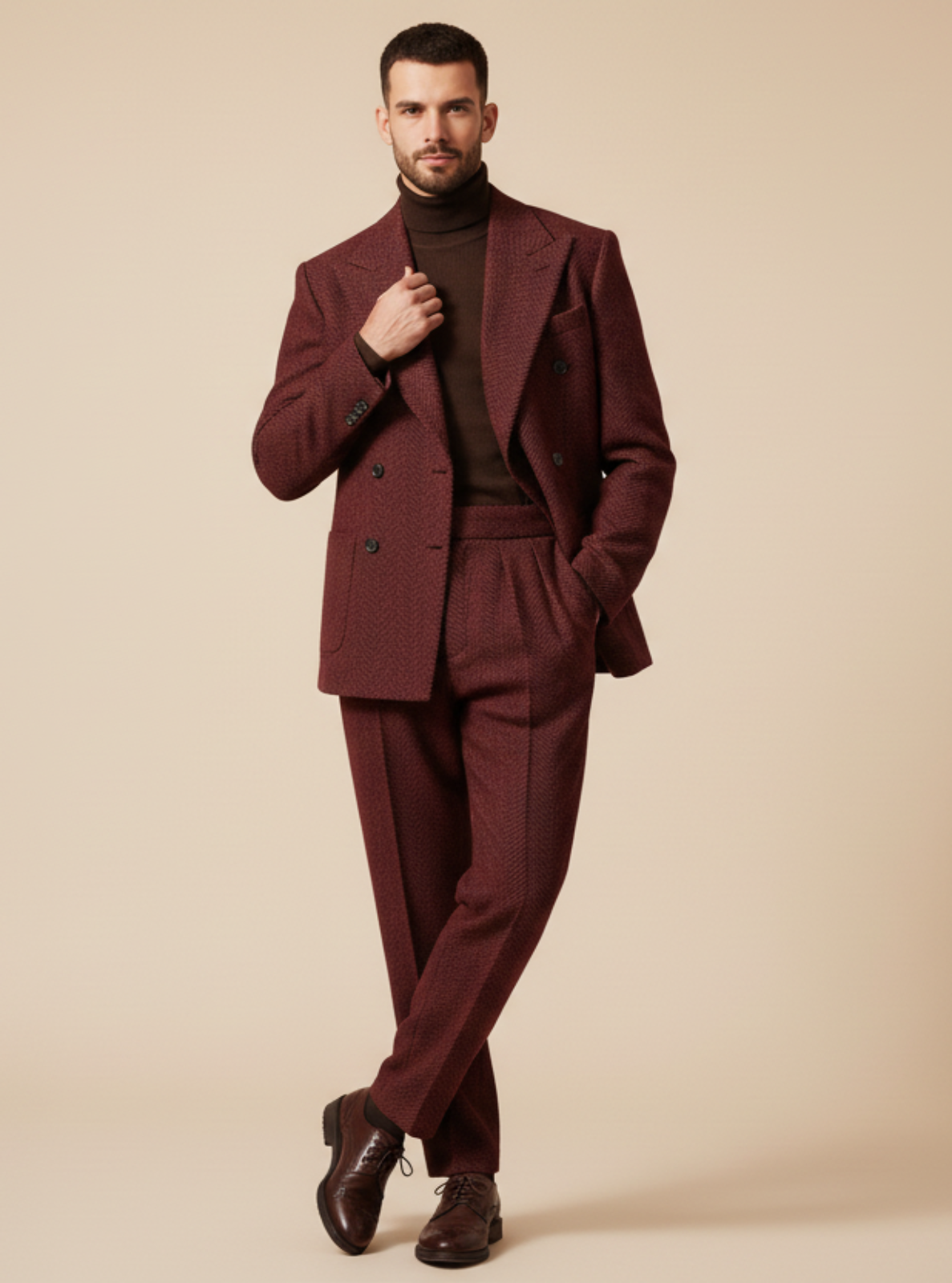 Man wearing a burgundy suit with a beige background