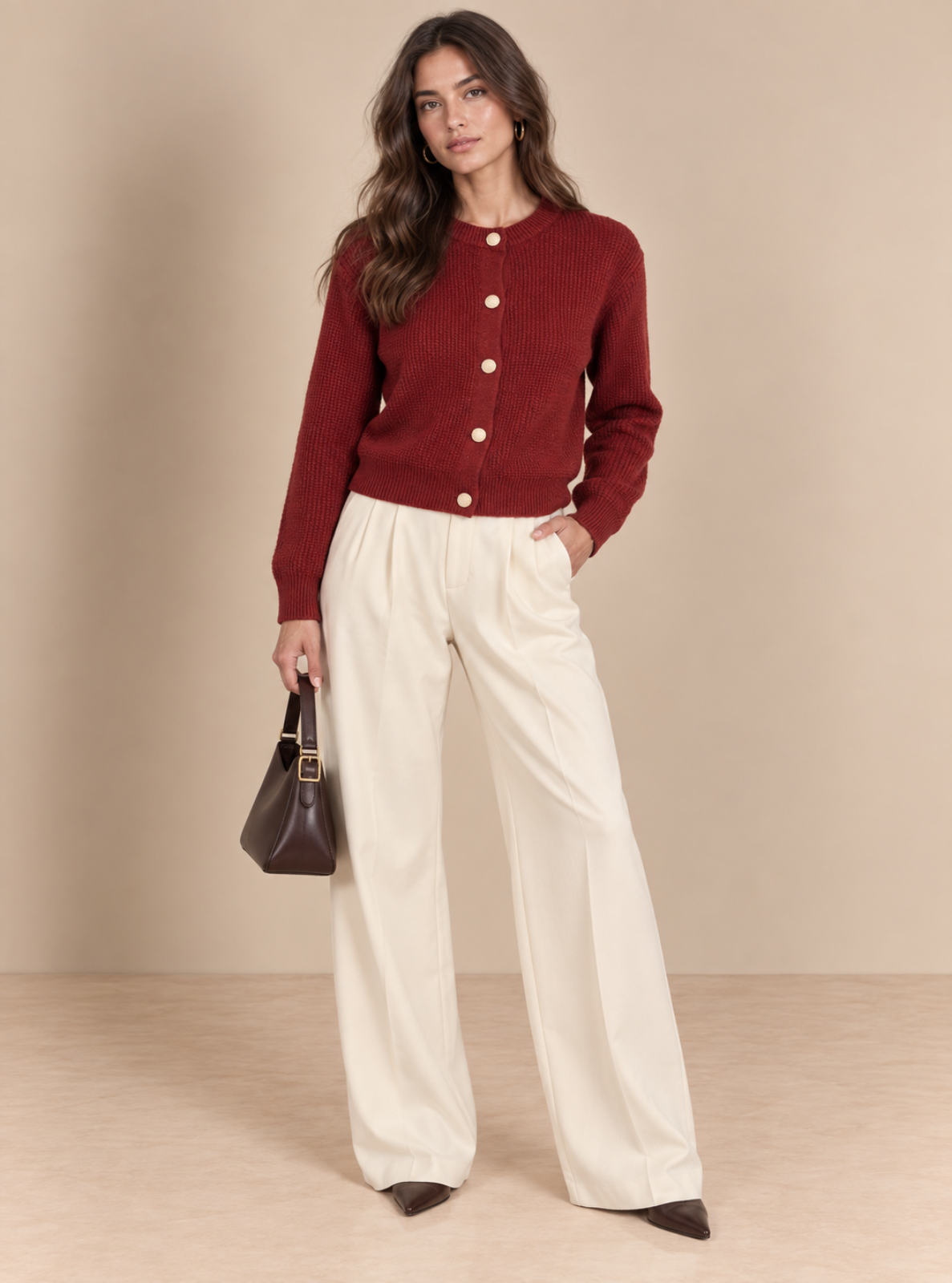 A woman stands in a studio wearing a burgundy button-front cardigan, cream wide-leg trousers, and dark pointed shoes, while holding a dark brown handbag against a warm beige backdrop.