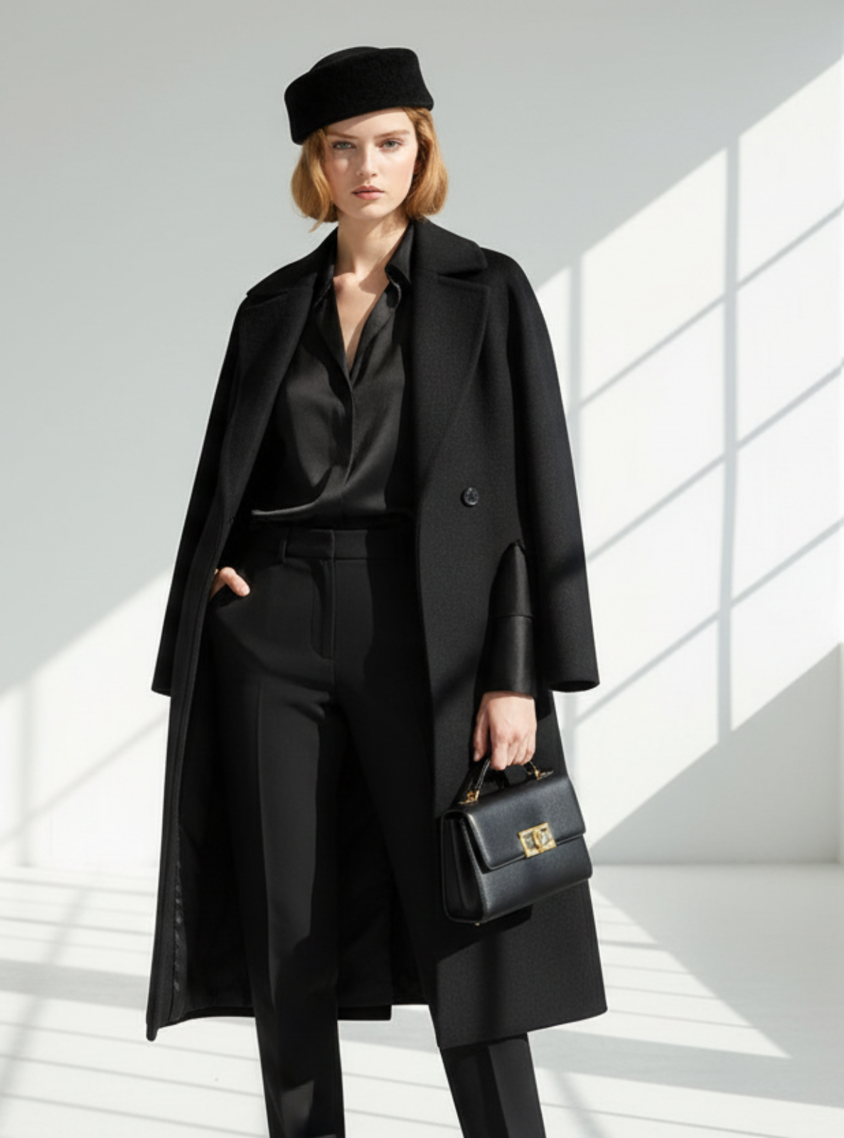 Woman in a black coat and hat standing in a bright room with large windows.