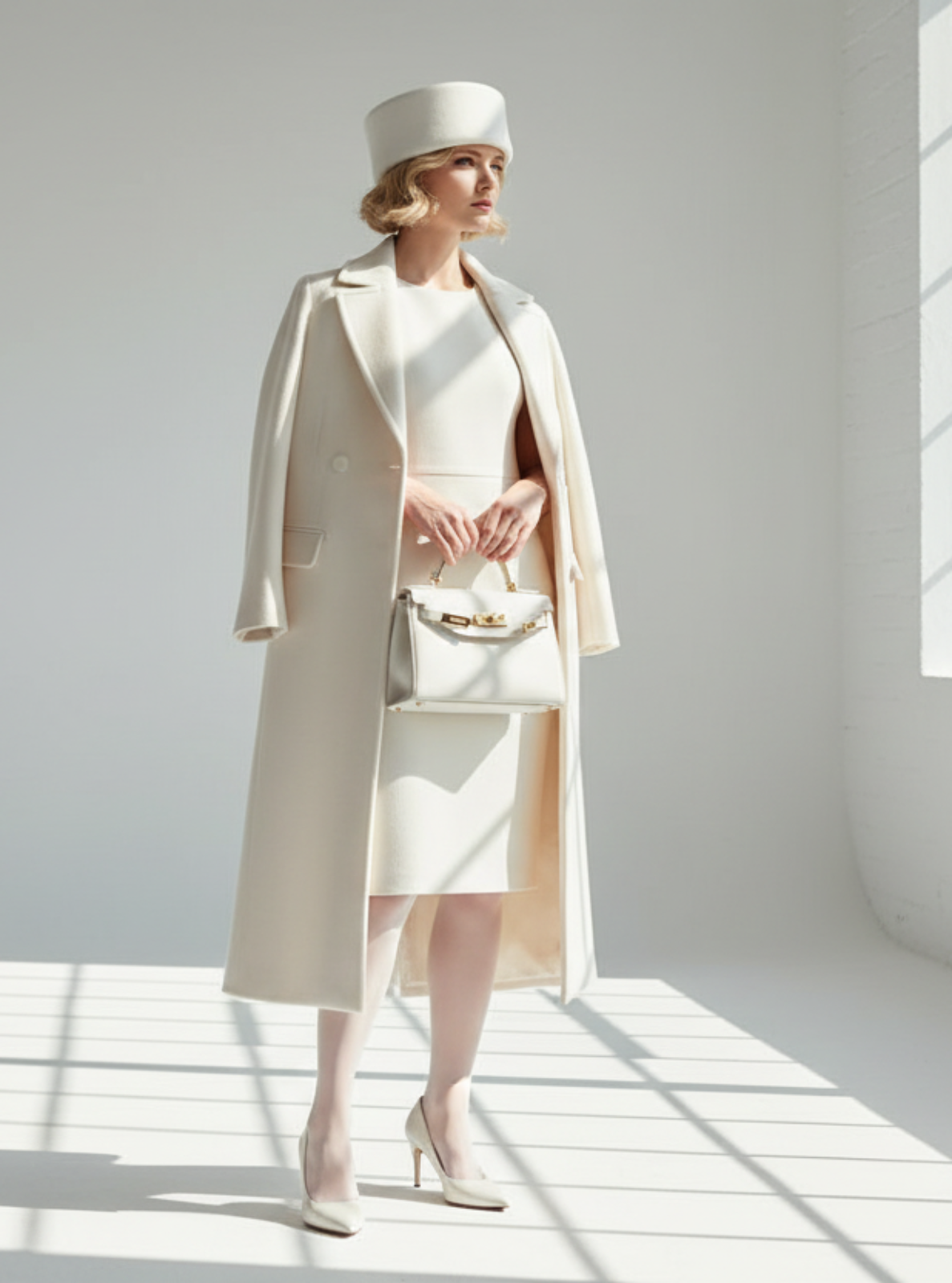 Woman in a stylish outfit with a coat and hat standing in a bright room with large windows.