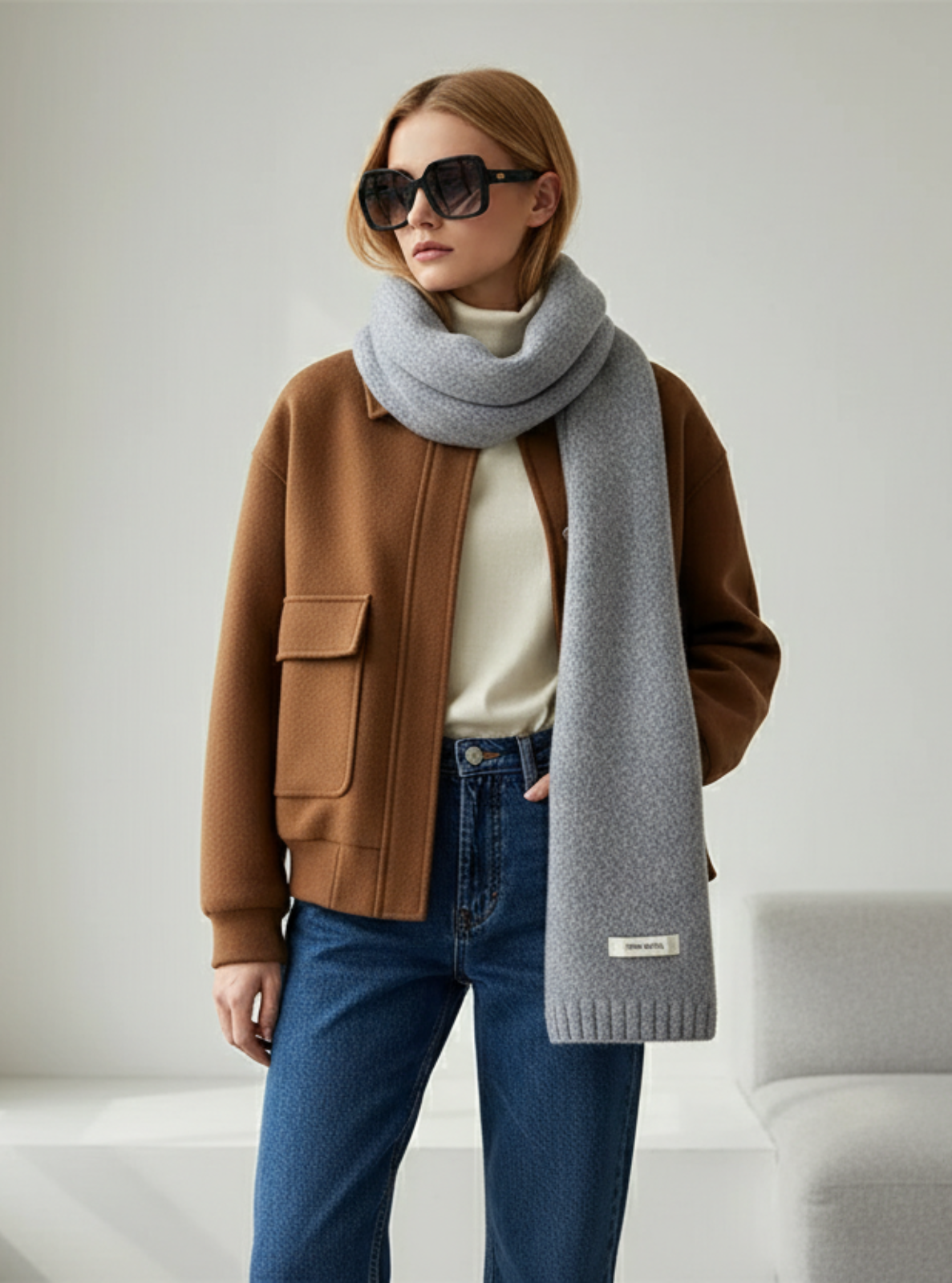 Woman wearing a brown coat, gray scarf, and sunglasses in a minimalistic room.