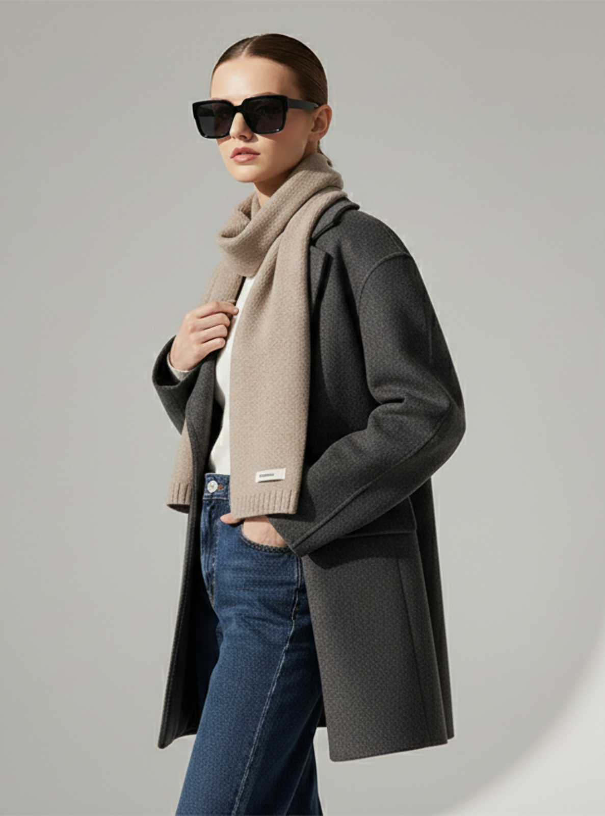 Woman wearing a gray coat, beige sweater, and sunglasses on a gray background