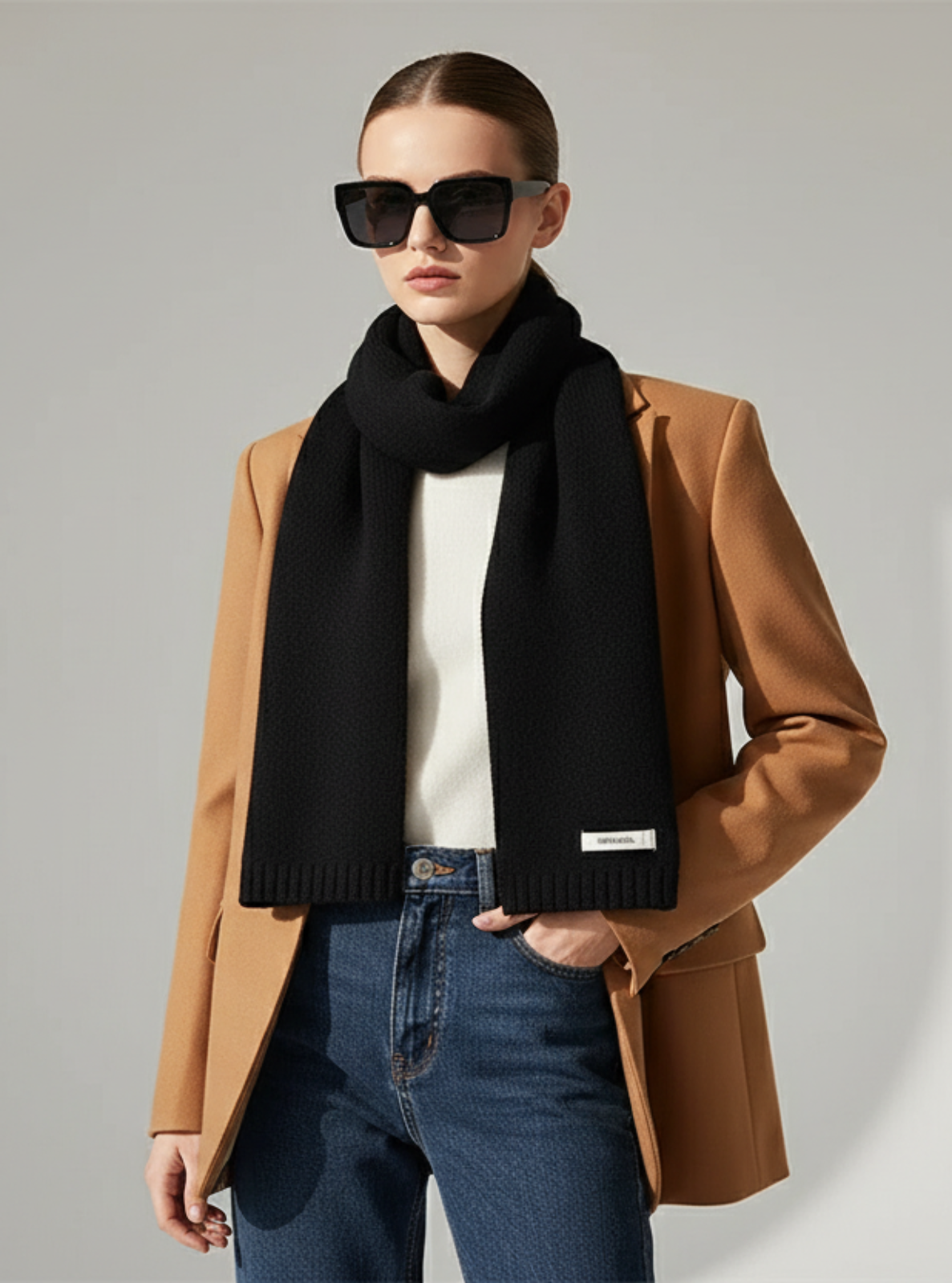 Person wearing a brown coat, black scarf, sunglasses, and blue jeans on a gray background