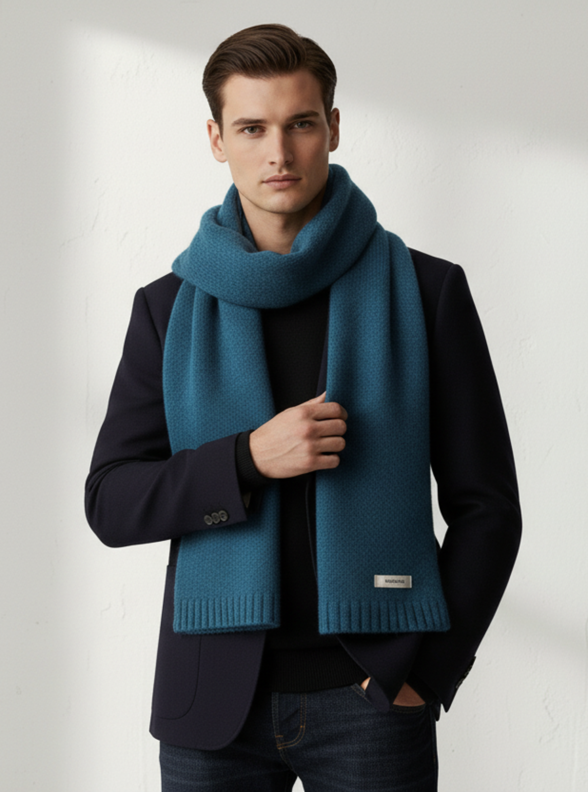 Man wearing a blue scarf against a plain background