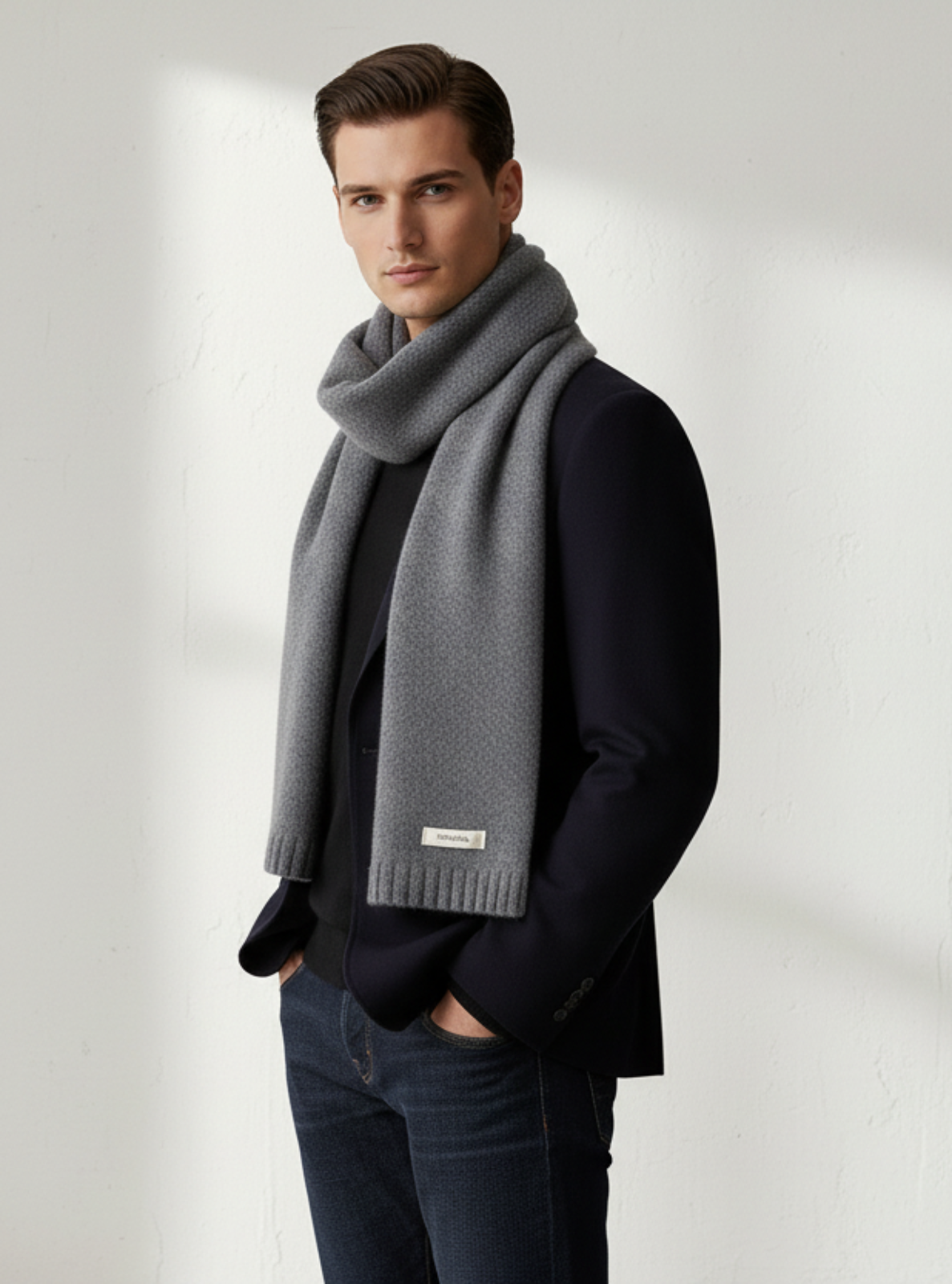 Man wearing a gray scarf with a visible brand logo on a light background