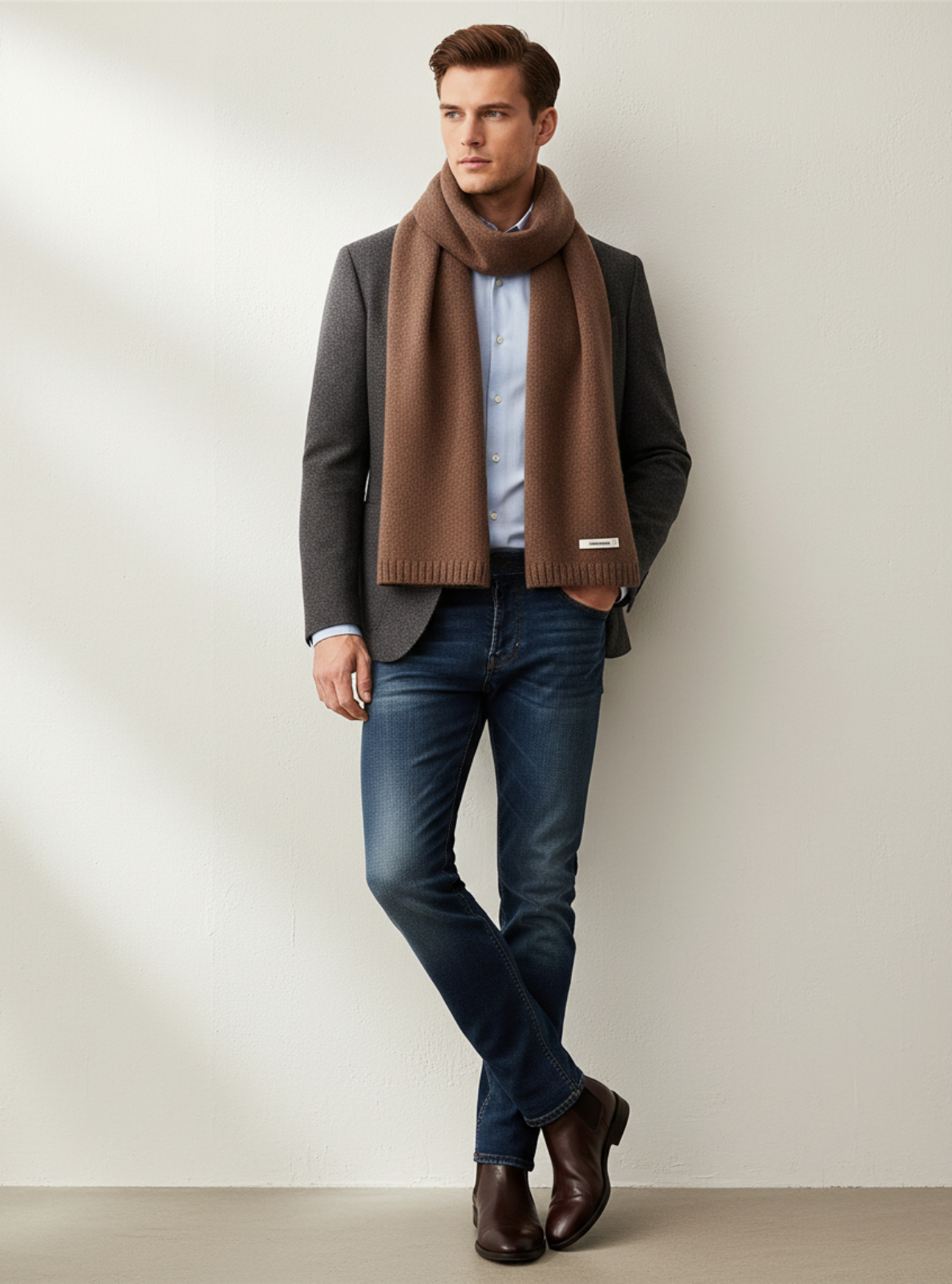 Man wearing a brown scarf, gray jacket, blue jeans, and brown shoes against a plain background