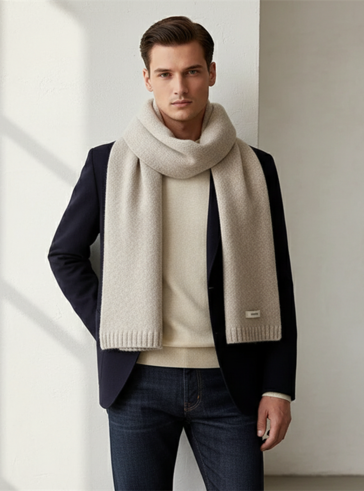 Man wearing a beige scarf and dark jacket in a bright room