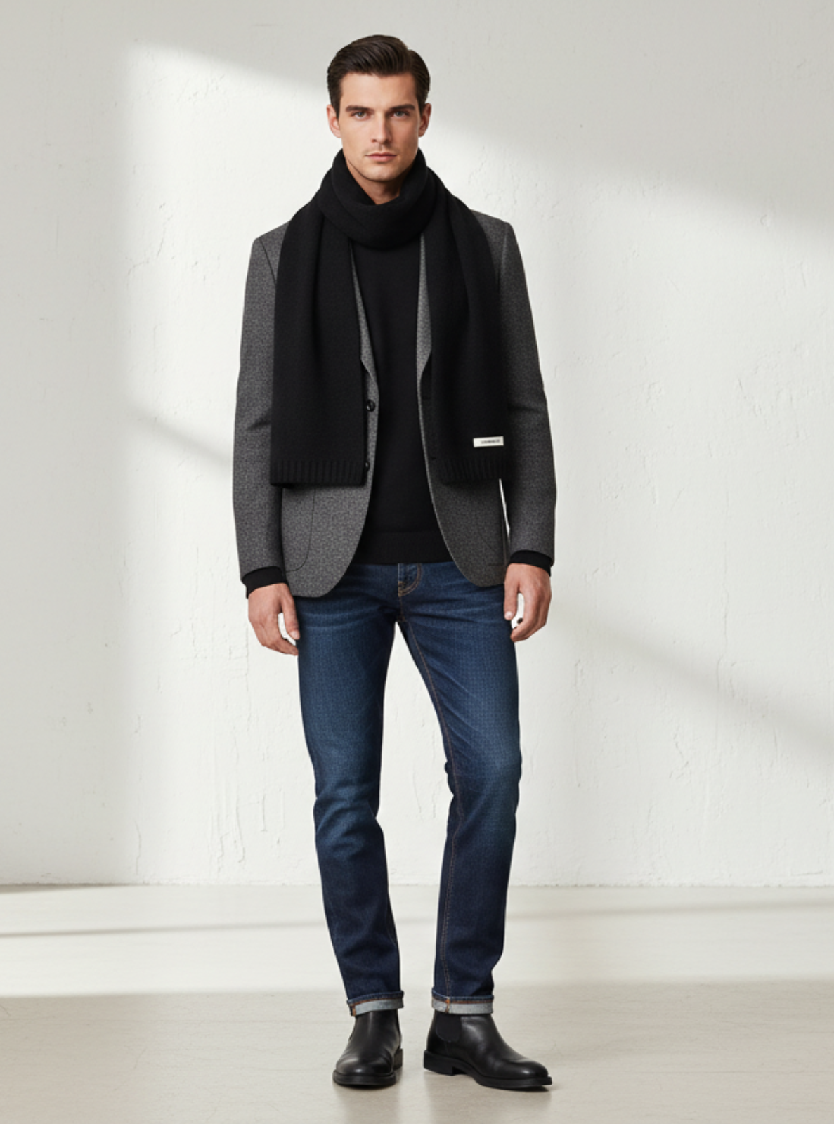 Man wearing a black blazer, scarf, and jeans standing against a white background