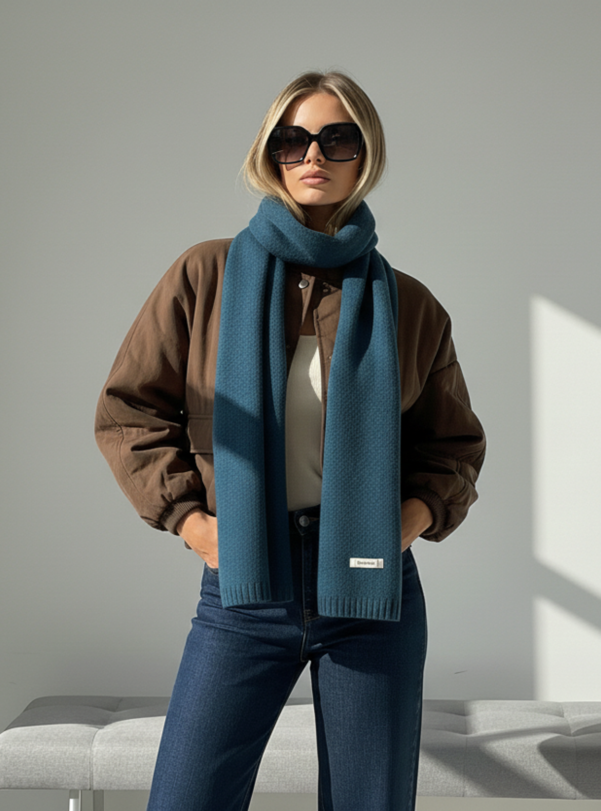 Woman wearing a brown jacket, blue scarf, and sunglasses in a modern interior setting