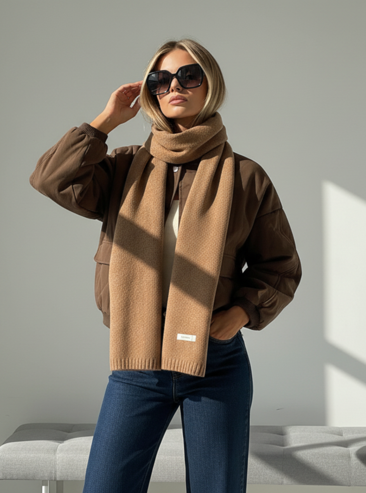 Woman wearing a brown sweater and scarf with sunglasses indoors.