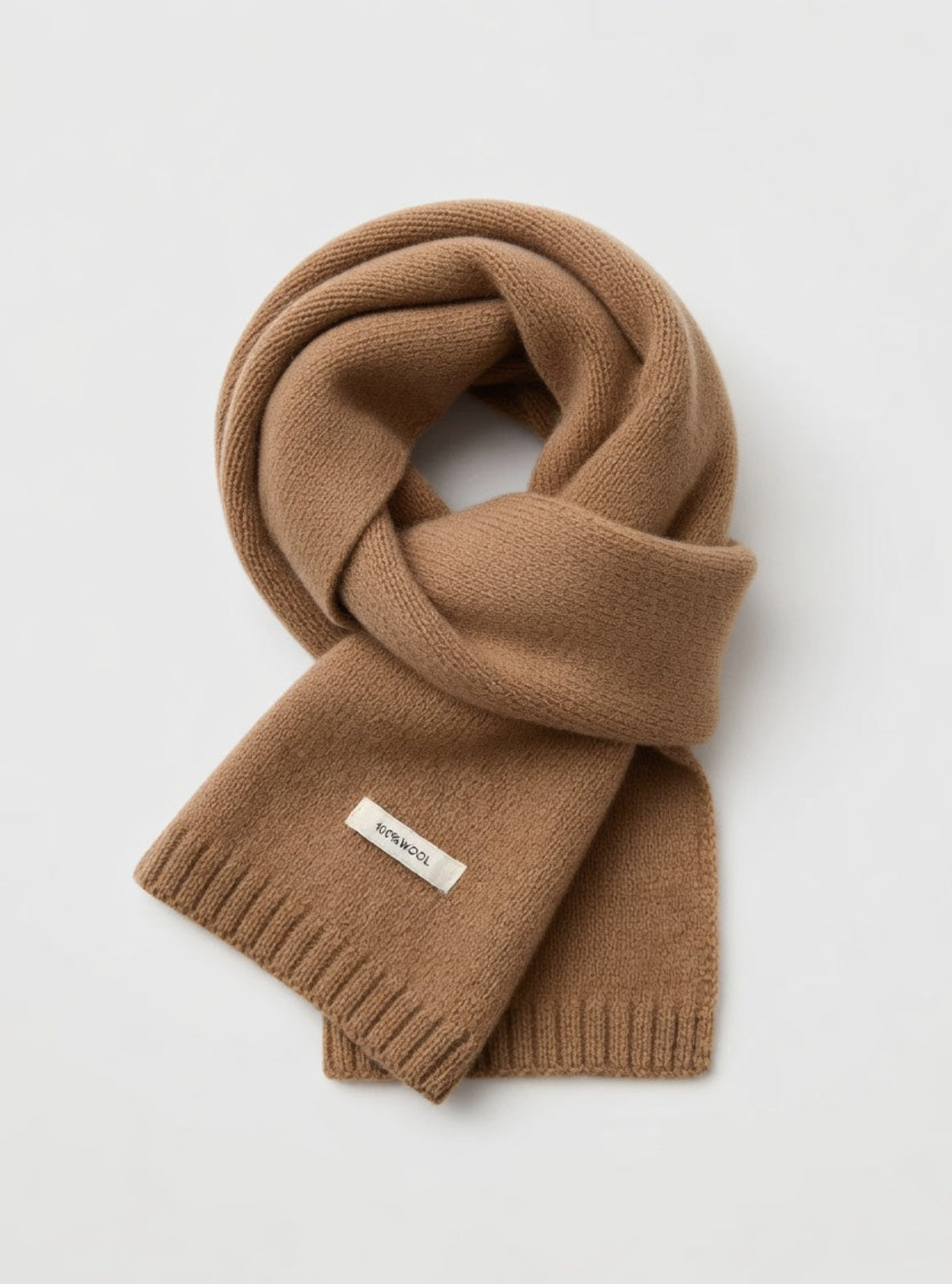 Brown scarf with a brand label on a light gray background