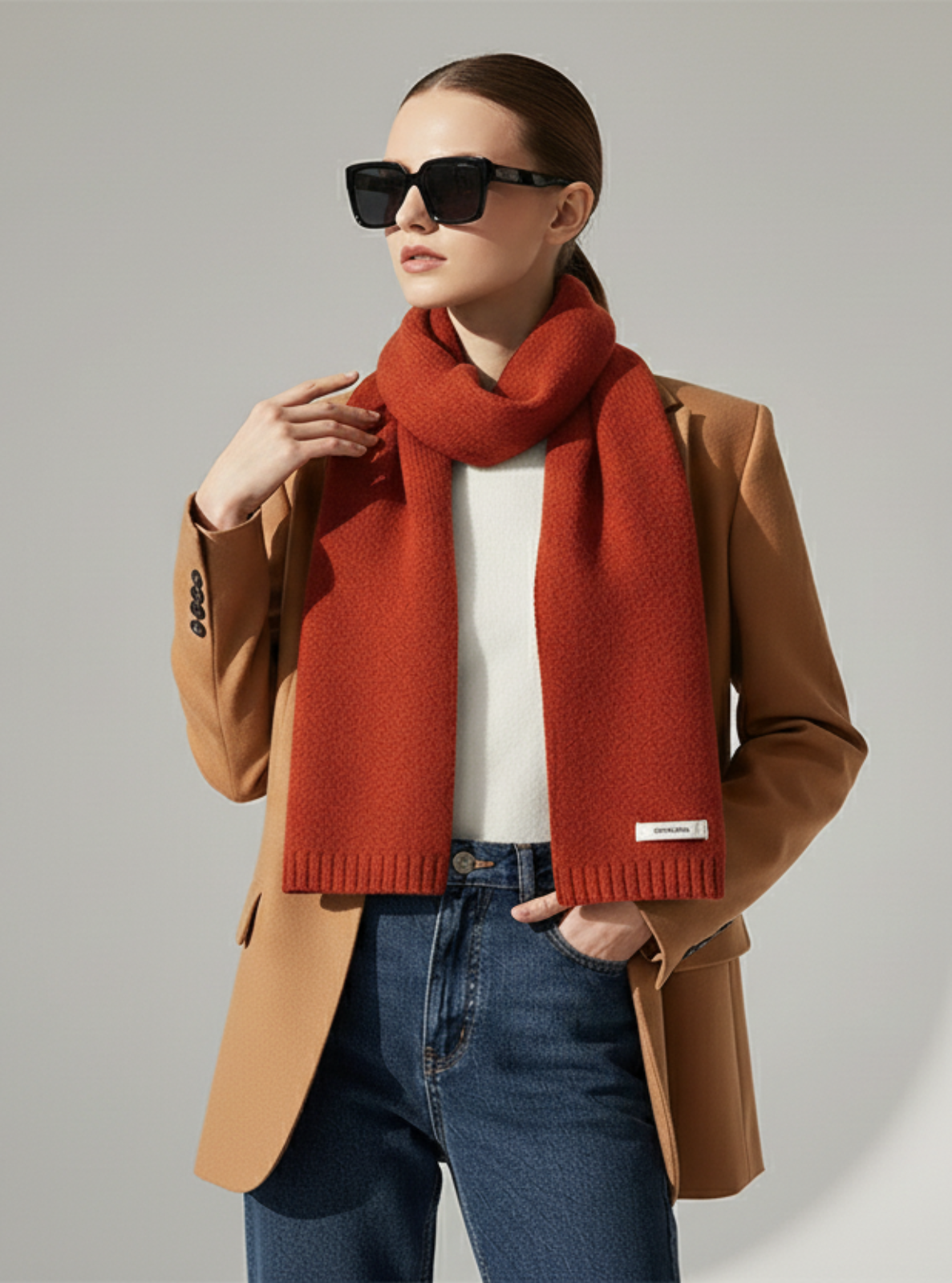 Woman wearing a brown coat, red scarf, and sunglasses on a gray background