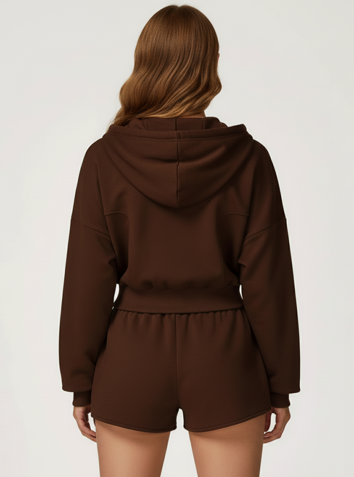 Brown hoodie and shorts set on a white background