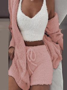 Cozy 3 Piece Set- Plush Hooded Cardigan + Top + Shorts